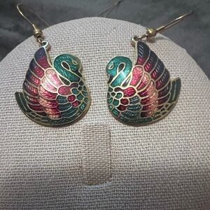 Cloisonne Gold-Plated Enamel Swan Earrings